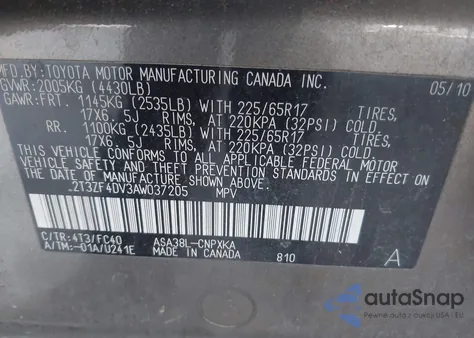 2010 Toyota Rav4 из США, поврежденный, VIN 2T3ZF4DV3AW037205